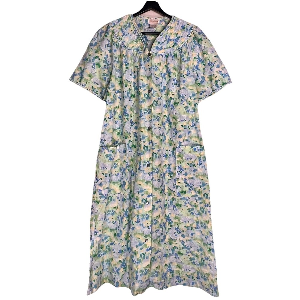 Barbizon Womens Small Blue Green‎ Floral Snap Front House Dress Duster Pockets S